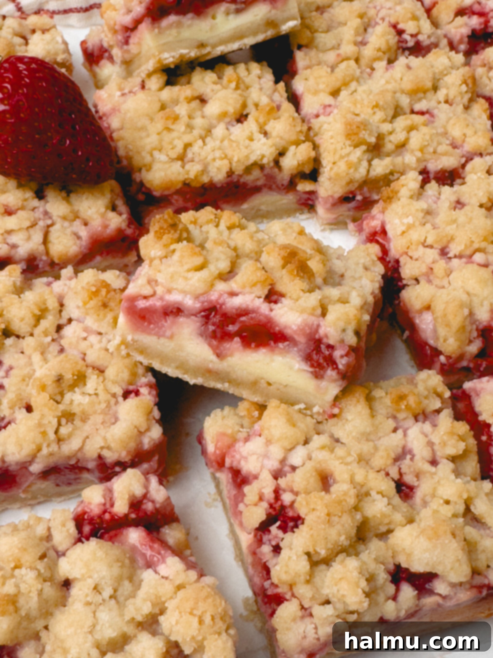 Strawberry Crumb Bars cooling on a wire rack, showing off their layers.