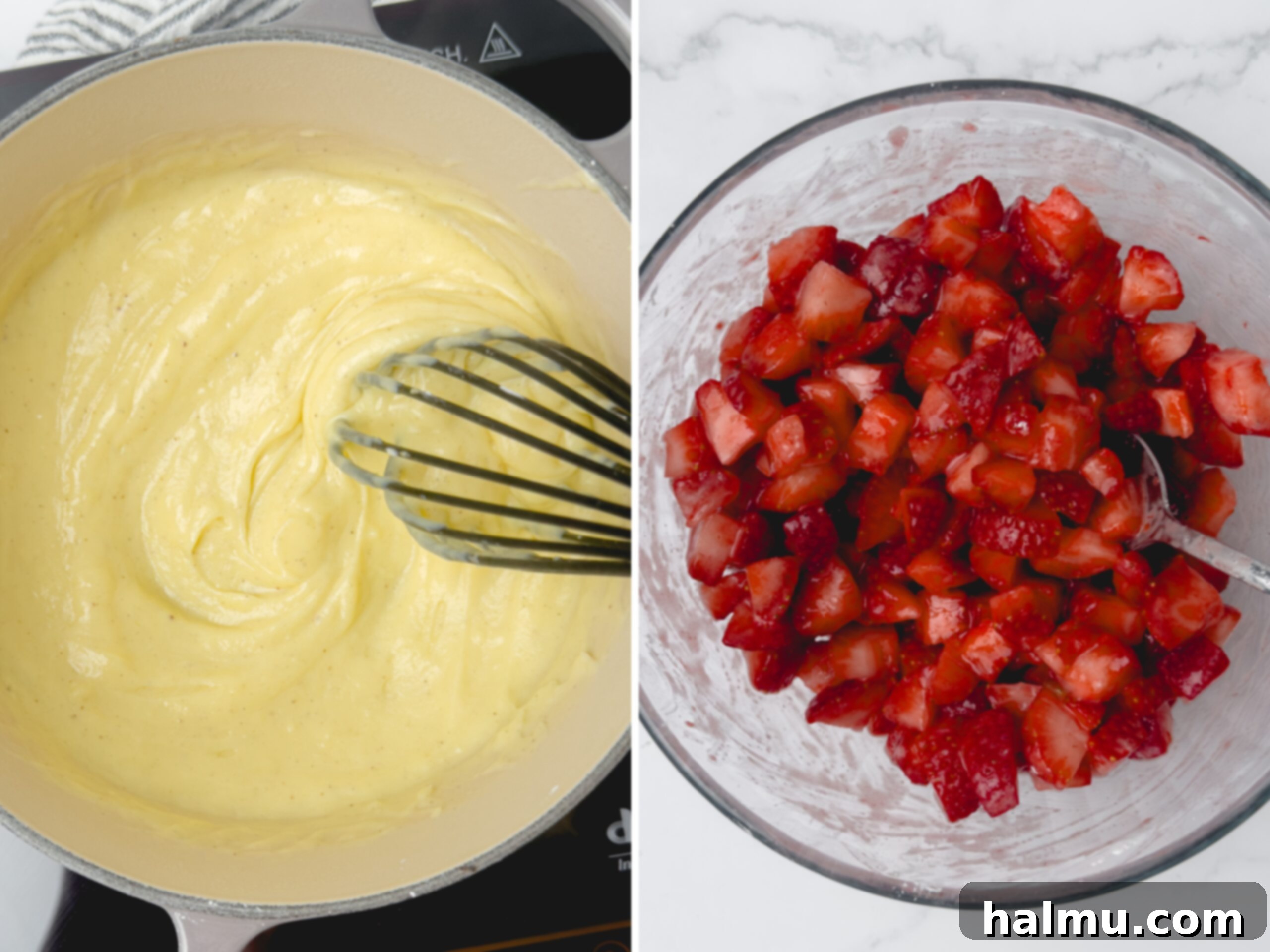Chopped fresh strawberries tossed with sugar and cornstarch in a bowl.