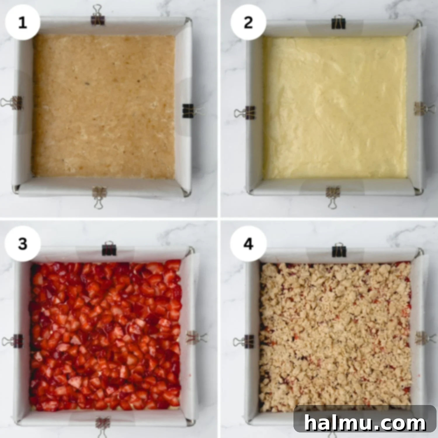 Assembled Strawberry Crumb Bars ready for baking, showing the distinct layers.