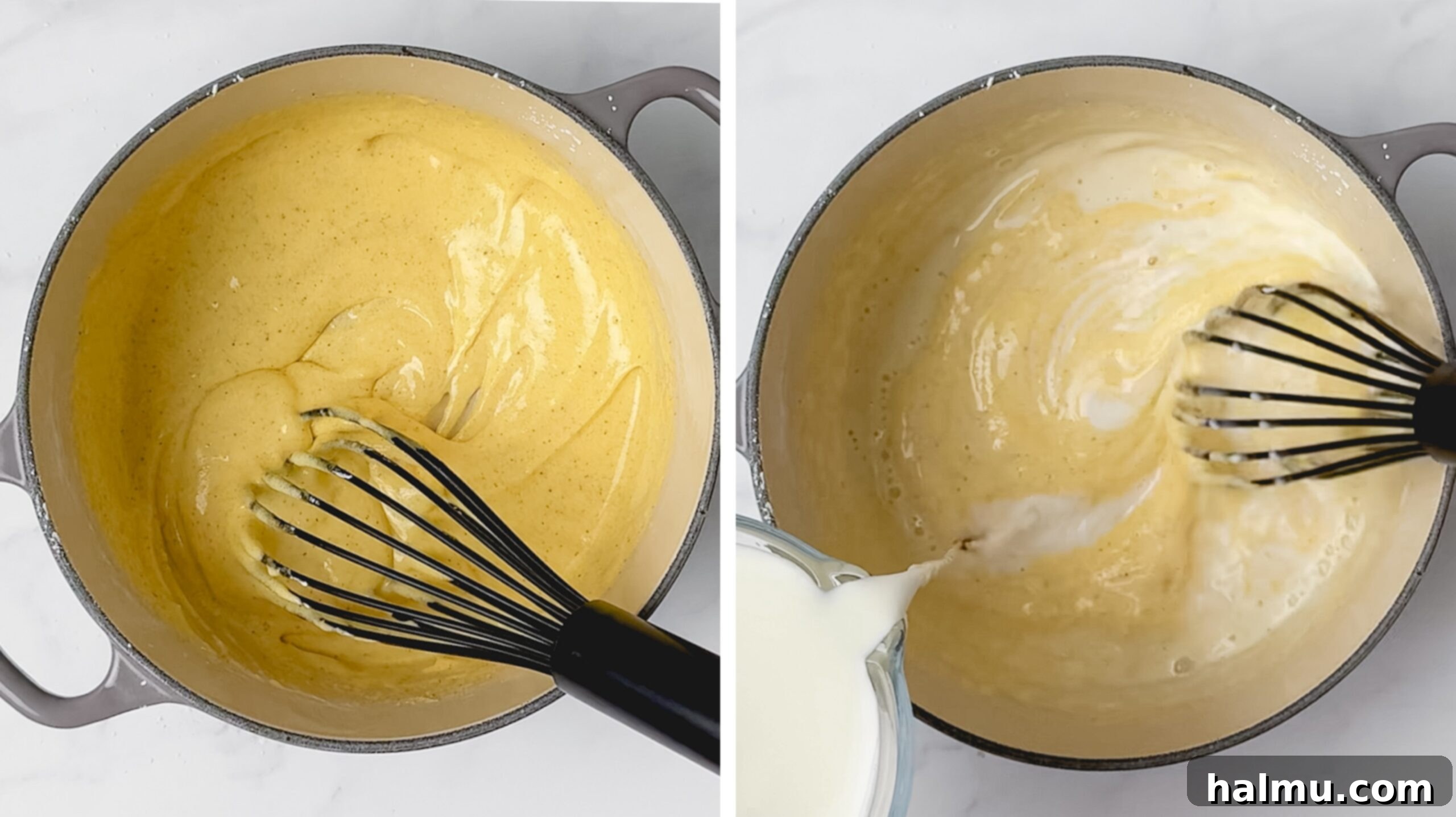 Velvety Vanilla Dream 6 Step-by-step image of whisking milk into the egg yolk mixture for pastry cream.