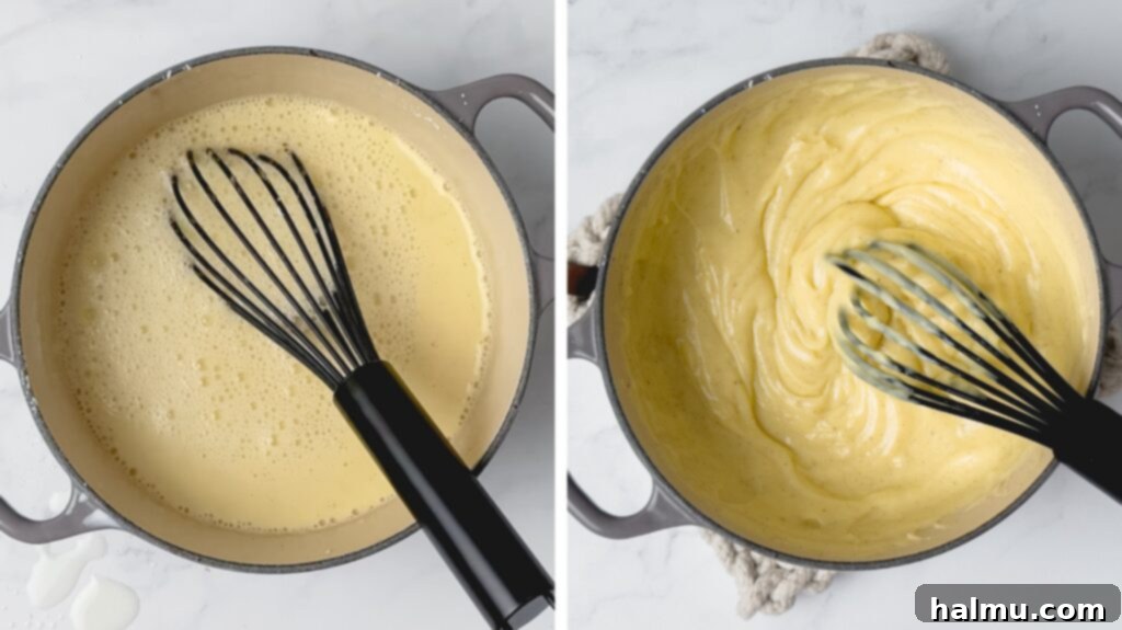 Velvety Vanilla Dream 7 Pastry cream thickening on the stove, with a whisk stirring it constantly.