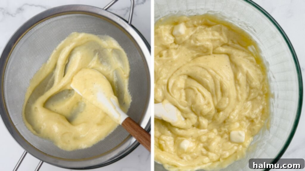 Velvety Vanilla Dream 8 Straining cooked pastry cream through a fine-mesh sieve into a bowl.