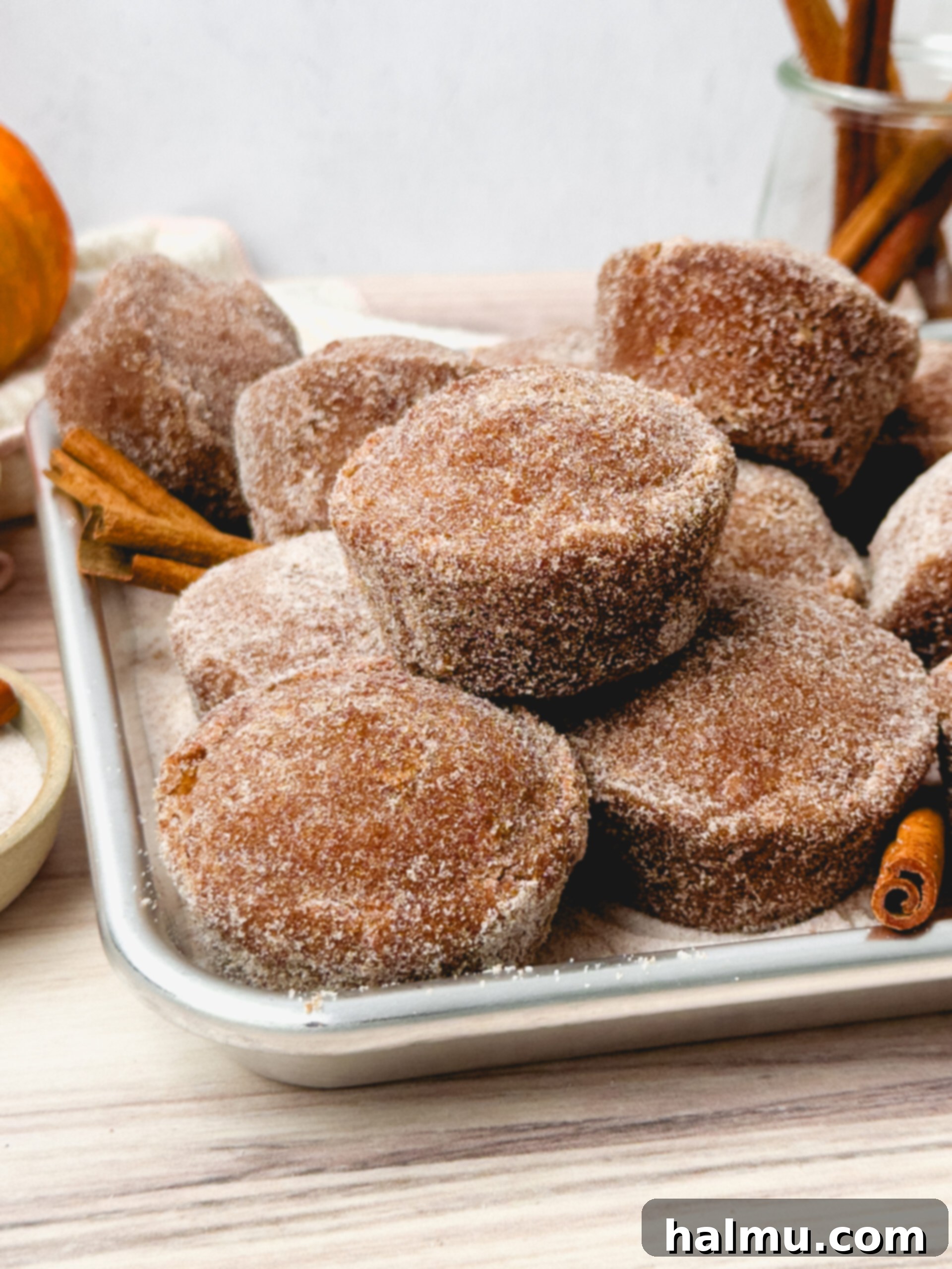 Pumpkin Spice Donut Muffins 3 Close-up of a Pumpkin Donut Muffin with a cinnamon sugar coating.