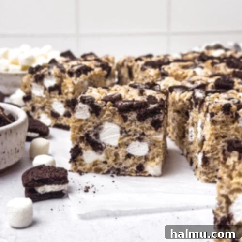 Oreo Krispie Treats 10 Close-up of Oreo Rice Krispie Treats showing the crunchy Oreos and soft marshmallow texture.