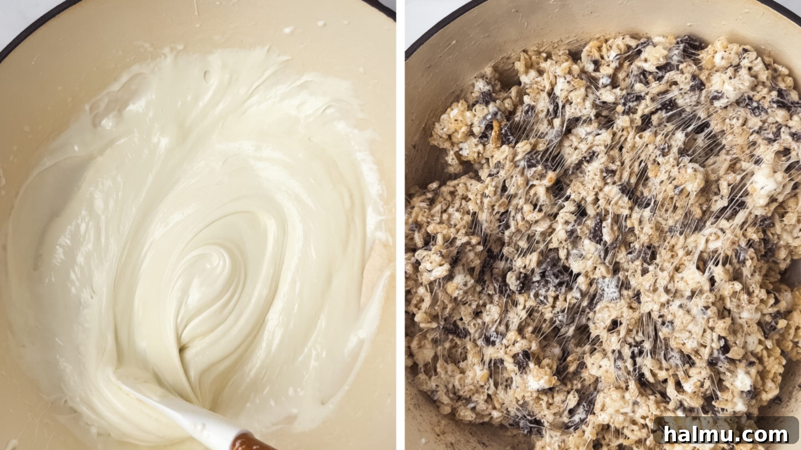 Oreo Krispie Treats 5 Melted marshmallow mixture being stirred in a pot, ready to be combined with other ingredients.