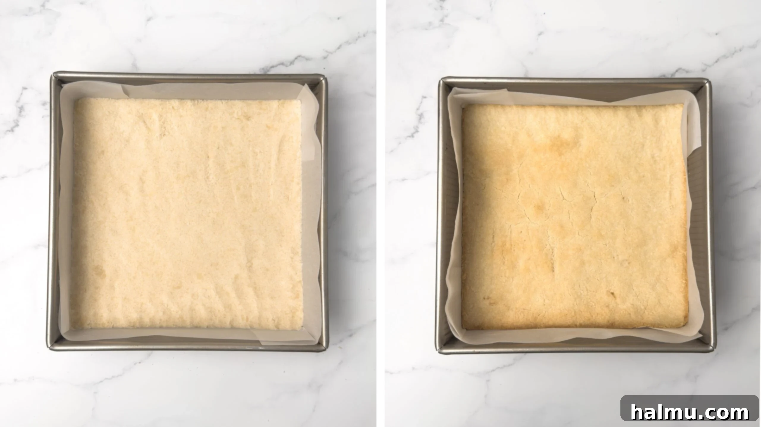 Par-baked shortbread crust in a square baking pan, ready for the filling.