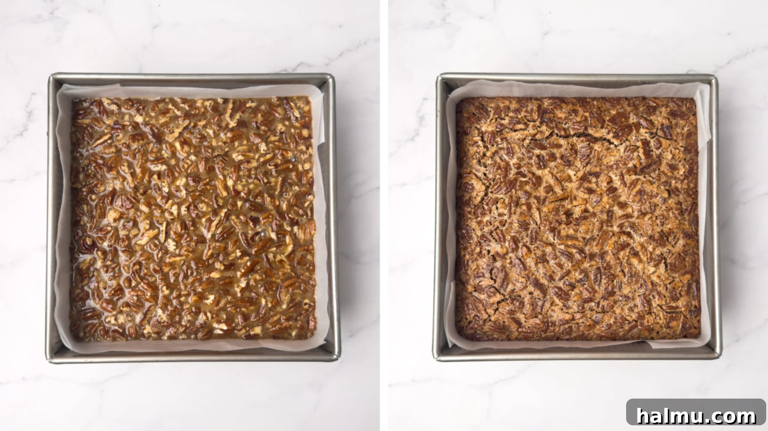 Pecan pie bars fresh out of the oven, golden brown and perfectly set.