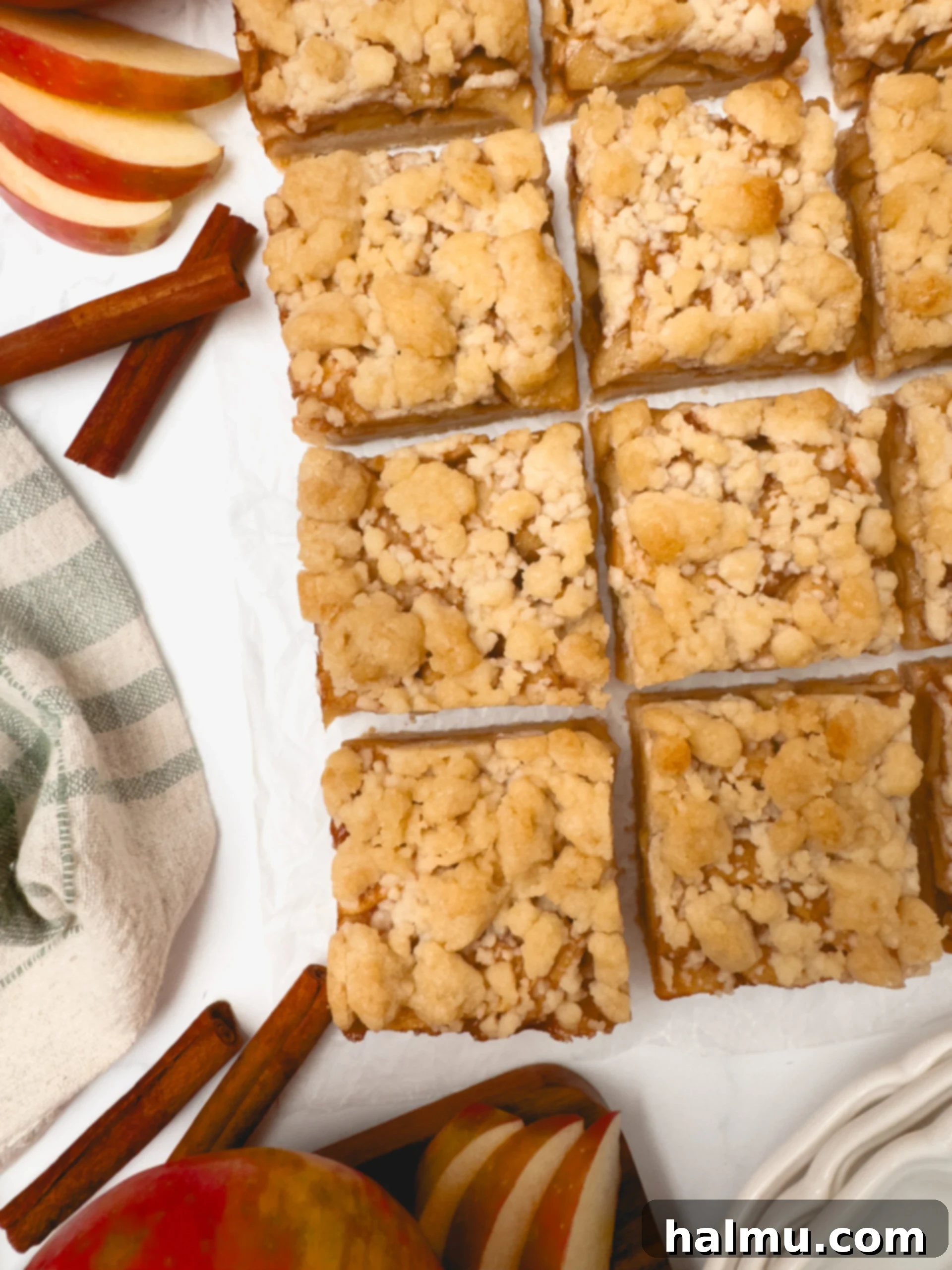 Close-up of perfectly baked apple slices for the pie bar filling