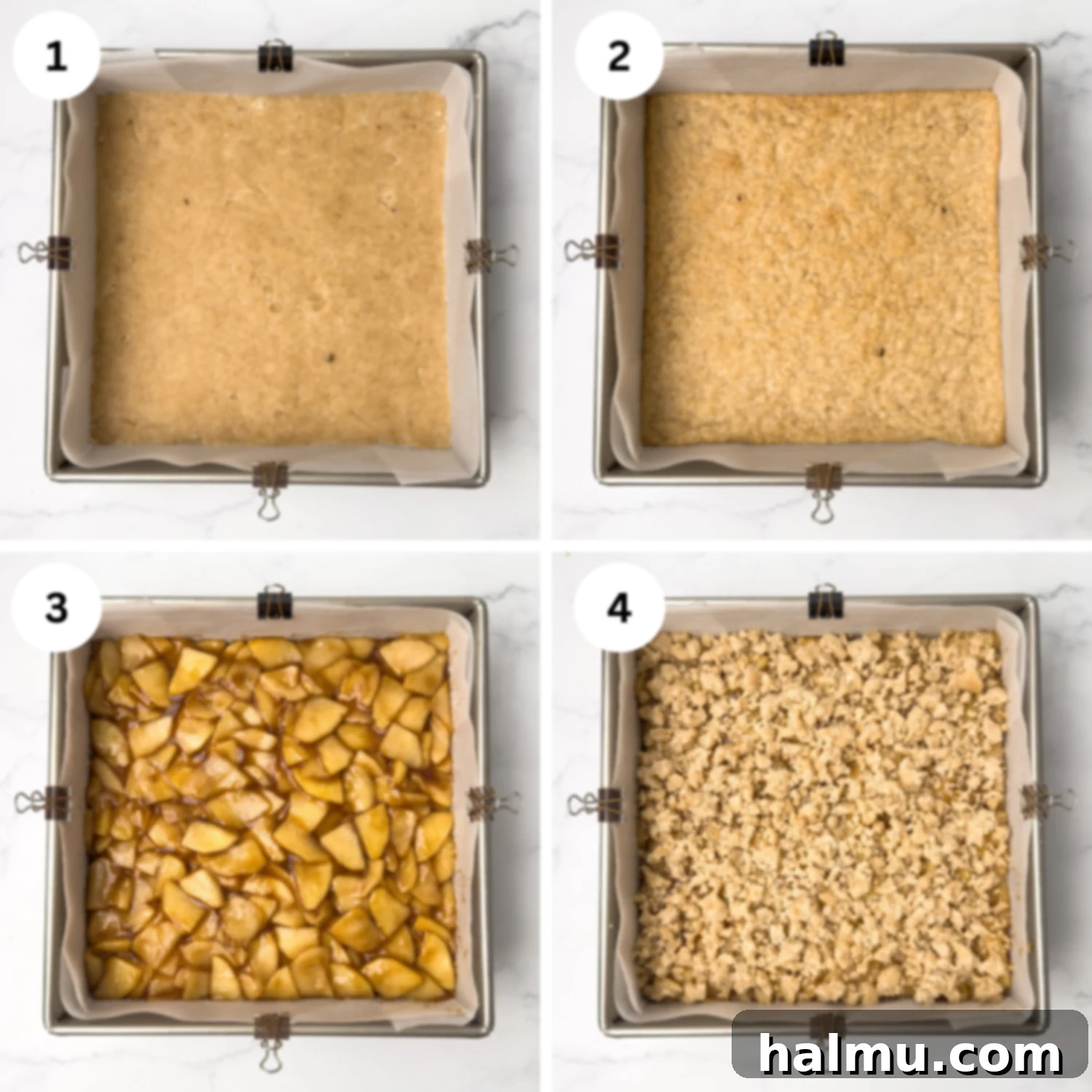 Assembled Apple Pie Bars with apple filling and crumb topping before final baking