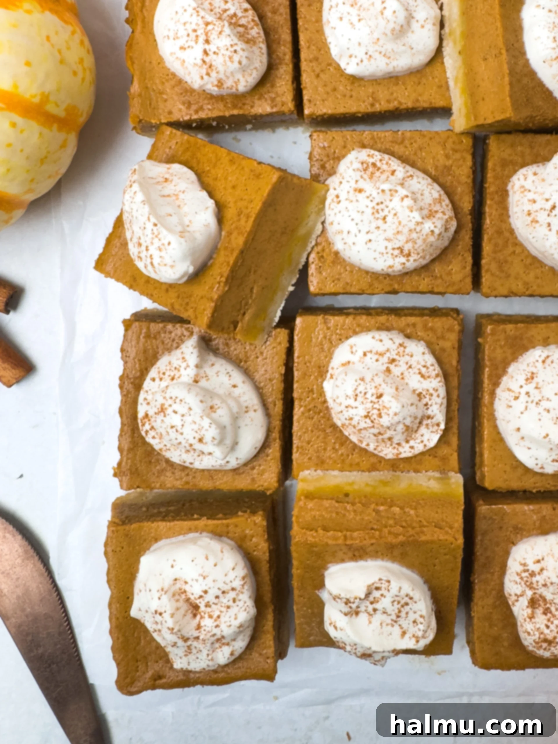 Two perfectly sliced pumpkin pie bars, one with maple whipped cream, on a white plate, showcasing the distinct layers of crust and filling.