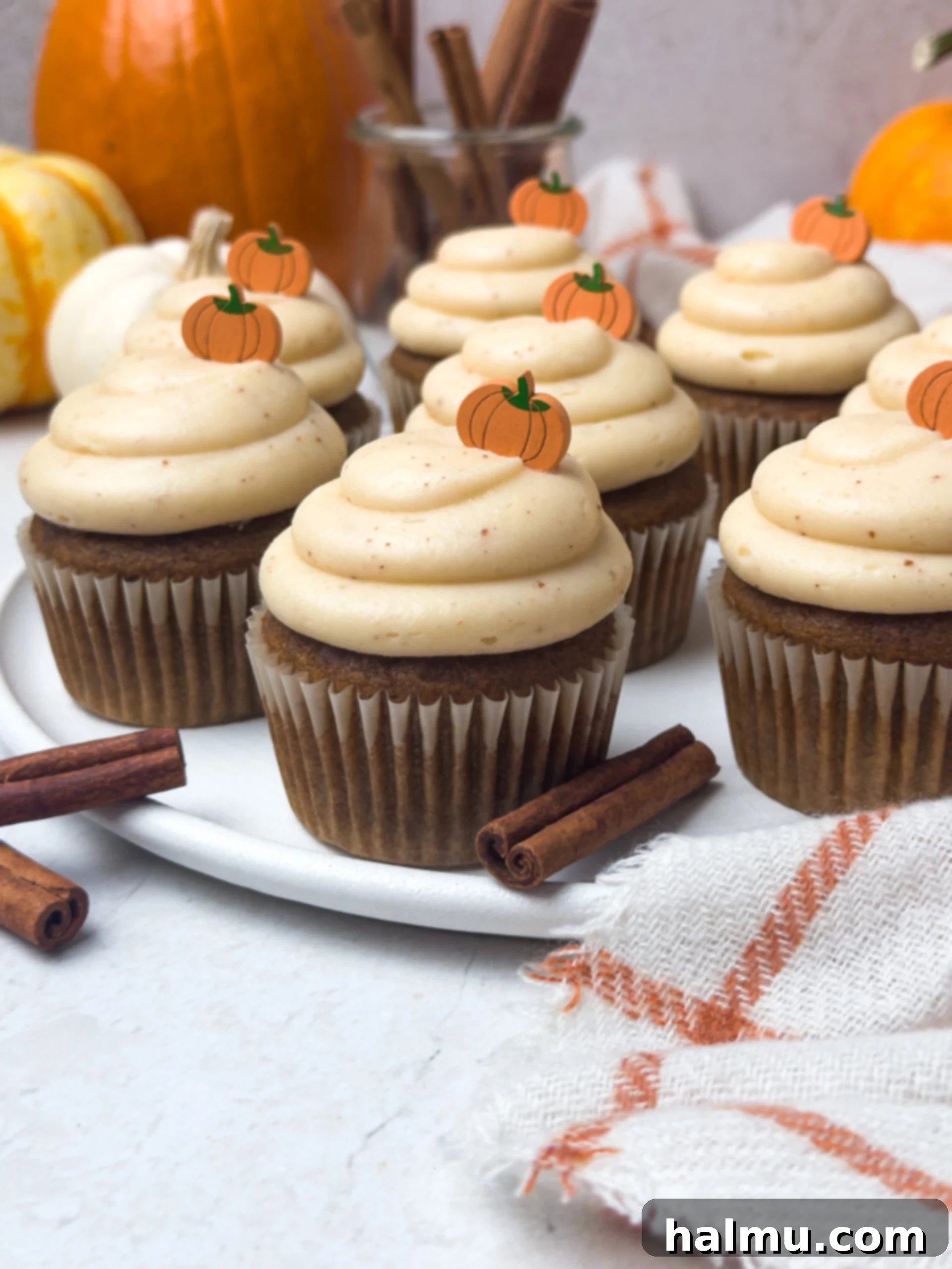 Pumpkin Cupcakes with Cream Cheese Swirl 8 Frosted and Decorated Pumpkin Cupcakes