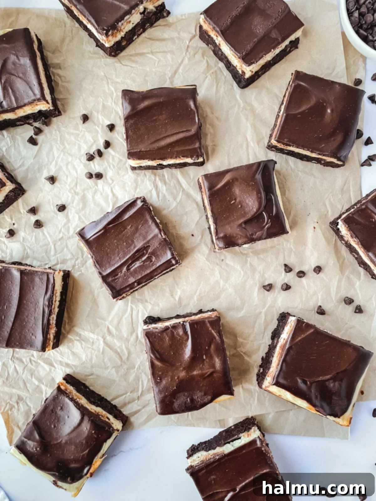 Close-up of the fudgy espresso brownie base with chocolate chips