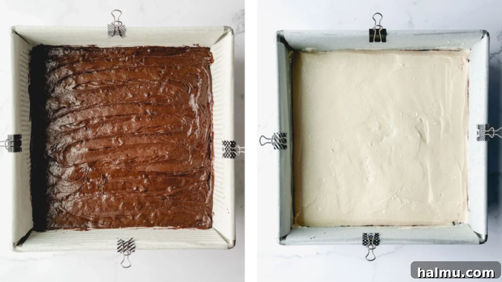 Top view of Baileys Irish Cream Cheesecake Brownies before cutting