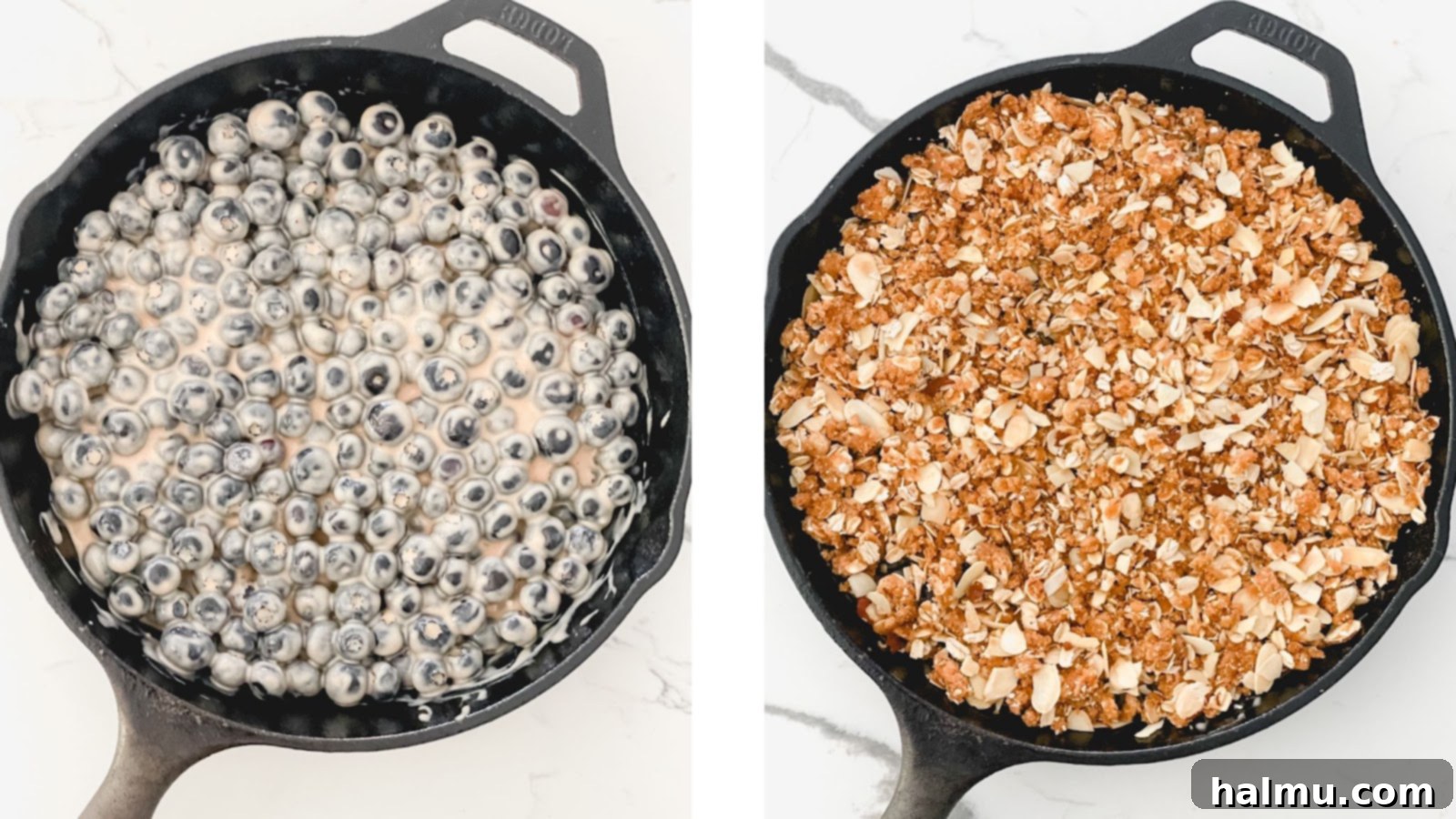Assembling the Skillet Crisp, with the vibrant blueberry filling in the cast iron pan and the oat almond topping being meticulously spread over it.