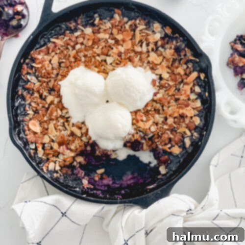 Close-up of the delicious Blueberry Almond Skillet Crisp, highlighting the golden topping and fruit filling.
